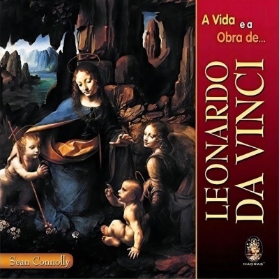 Capa de livro com pintura renascentista e texto sobre Leonardo da Vinci