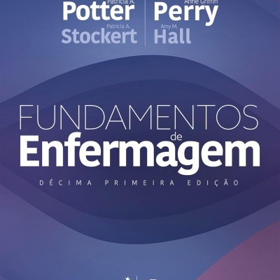 Capa do livro Fundamentos de Enfermagem em tons de azul e roxo com texto branco.
