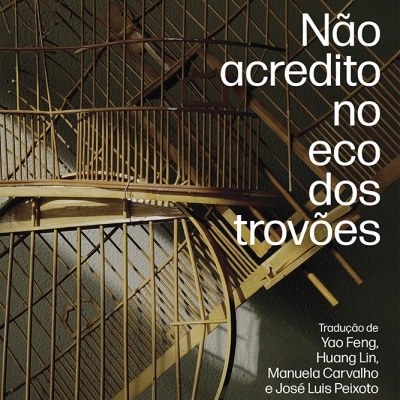 Capa de livro com gaiolas de pássaros de madeira, título em branco e fundo escuro
