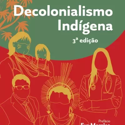 Capa do livro Decolonialismo Indígena 3ª edição com ilustrações estilizadas douradas e fundo verde e vermelho