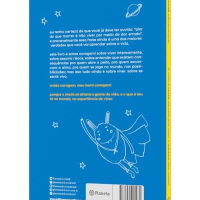Livro azul com ilustração branca e texto em português na contracapa