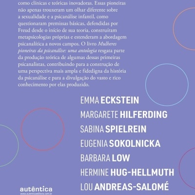 Capa de livro lilás com texto branco e círculos coloridos, lista de nomes e código de barras.
