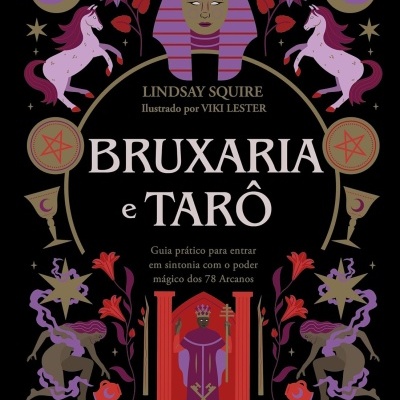 Capa de livro preto com ilustrações místicas e título Bruxaria e Tarô