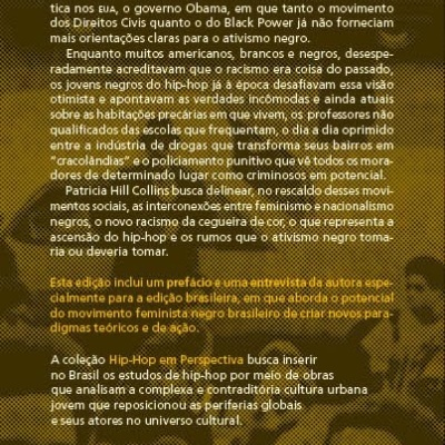 Capa de livro com texto em português sobre ativismo negro e hip-hop, padrão geométrico castanho e amarelo, logotipo PERSPECTIVA