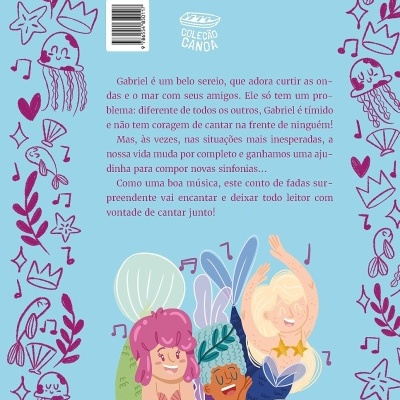 Capa/contracapa de livro infantil azul com ilustrações de sereias coloridas e elementos marinhos em roxo