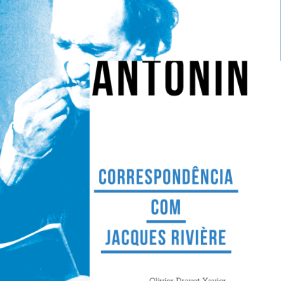 Capa de livro com título Correspondência com Jacques Rivière e imagem de homem segurando livro