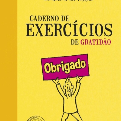 Capa de livro amarelo com texto e ilustração de pessoa segurando cartaz Obrigado