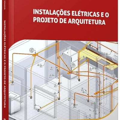 Capa de livro vermelho e branco sobre instalações elétricas e arquitetura.