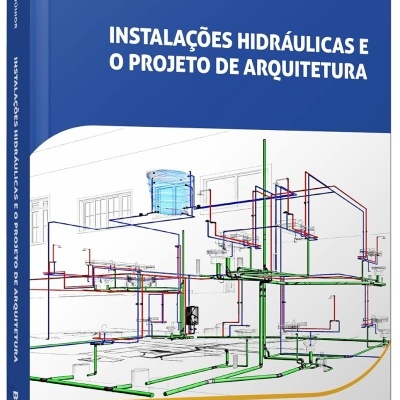 Capa de livro azul com título e esquema hidráulico de projeto arquitetônico.