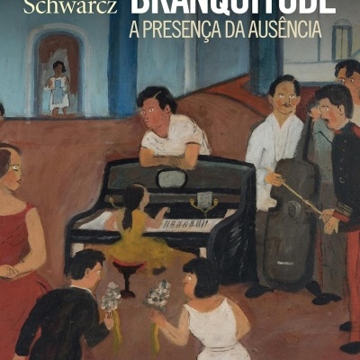 Capa do livro Imagens da Branquitude: A Presença da Ausência com ilustração de pessoas num ambiente interior e piano.