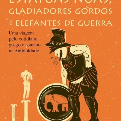 Capa de livro laranja com título, autor e ilustração de gladiador e estátua grega.