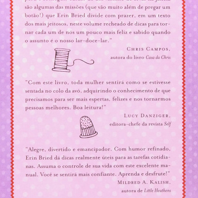 Capa traseira de livro cor-de-rosa com texto em português e ilustrações de costura.