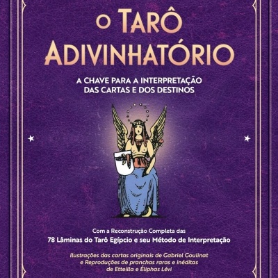 Capa de livro roxa com texto sobre tarô e ilustração de figura alada