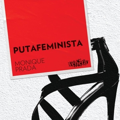 Poster vermelho com texto e sapato de salto alto preto numa parede branca