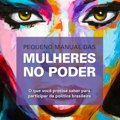 Capa de livro colorida com rosto feminino abstrato e textos sobre mulheres no poder