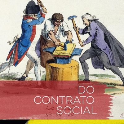 Capa do livro Do Contrato Social com ilustração de três homens martelando um livro
