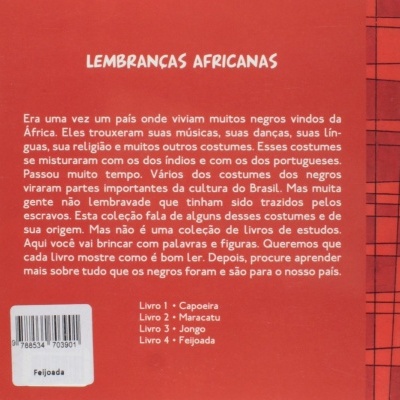 Verso de livro vermelho com texto em português sobre cultura africana e lista de livros