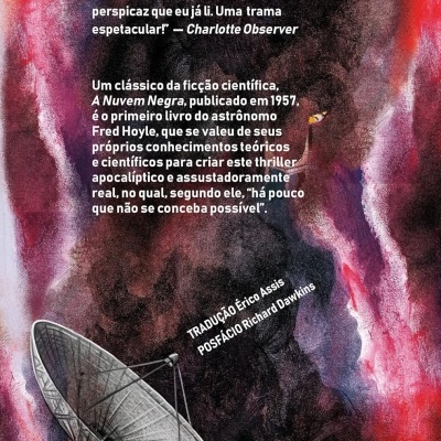 Contracapa do livro A Nuvem Negra com texto em branco e imagem de uma antena parabólica cinzenta em fundo abstrato vermelho e preto