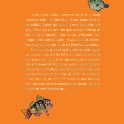 Contracapa de livro com texto e ilustrações de peixes em fundo laranja