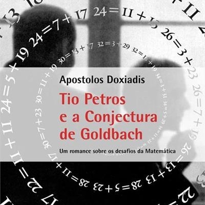 Capa do livro Tio Petros e a Conjectura de Goldbach com fórmulas matemáticas e silhueta de pessoa
