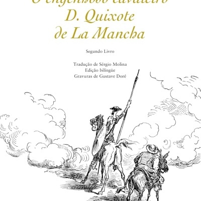Capa do livro O engenhoso cavaleiro D. Quixote de La Mancha com ilustração a preto e branco de personagens a cavalo.