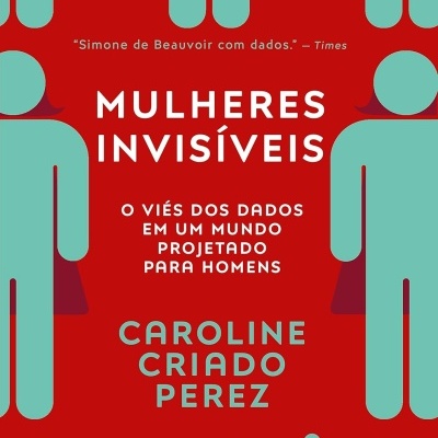 Capa livro Mulheres Invisíveis fundo vermelho com texto e figuras verdes estilizadas.