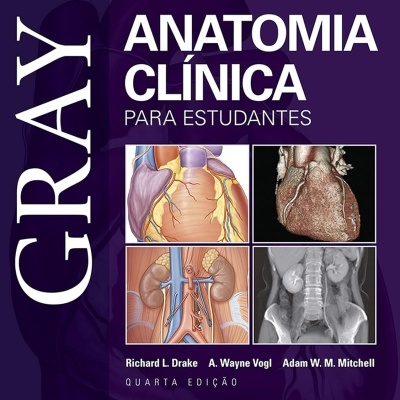 Capa de livro da anatomia clínica para estudantes, com imagens anatómicas e texto em branco sobre fundo roxo