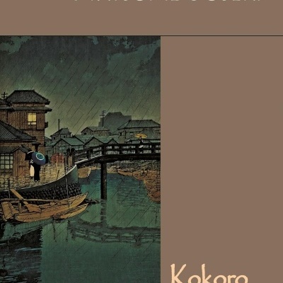 Capa do livro Kokoro de Natsume Soseki com ilustração de cenário japonês em dia de chuva