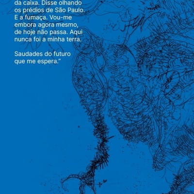 Contracapa de livro azul com texto em branco e ilustrações pretas abstratas