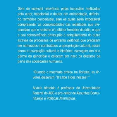 Contracapa azul de livro com texto e logos de editoras.