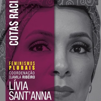 Capa de livro com texto sobre feminismo e política, fotografia parcial a preto e branco de mulher com lenço na cabeça