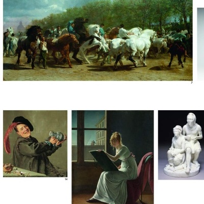 Quatro obras de arte: corrida de cavalos, homem com pena vermelha, mulher desenhando na janela e escultura de figuras humanas.