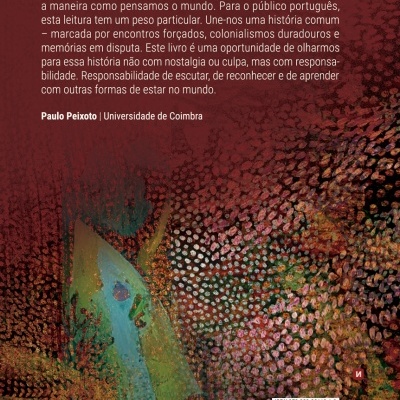 Capa traseira de livro com fundo vermelho e padrões abstratos, texto e códigos