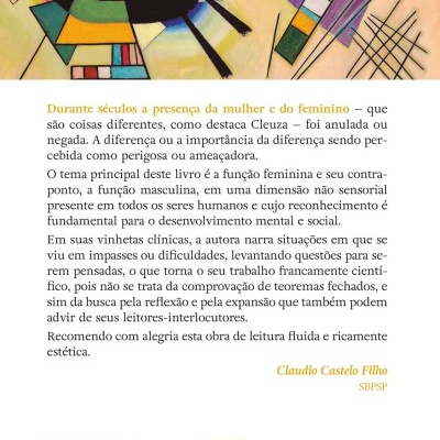 Contracapa de livro com arte abstrata colorida e texto em português.