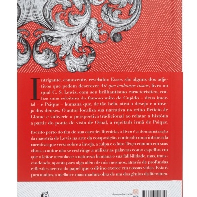 Contra-capa de livro com texto descritivo, padrão floral cinza e design em vermelho e branco