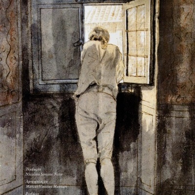 Capa do livro com ilustração de pessoa de costas junto a janela em tons sépia.