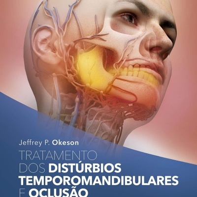 Capa de livro sobre distúrbios temporomandibulares e oclusão com ilustração anatómica de cabeça humana