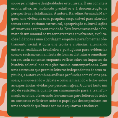 Parte traseira de livro verde com texto em português e padrão de ondas laranja e rosa