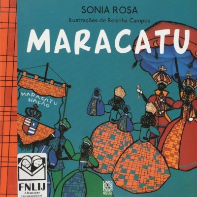 Capa do livro Maracatu com ilustrações coloridas e texto em destaque