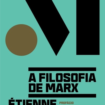 Capa de livro verde água com figuras geométricas pretas e castanhas e texto sobre filosofia de Marx.
