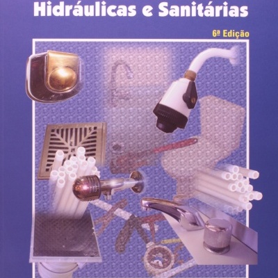 Capa azul de livro com título Instalações Hidráulicas e Sanitárias e imagens de peças hidráulicas