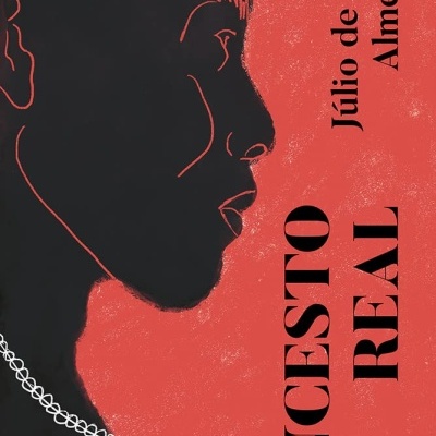 Capa de livro com texto e ilustração de perfil em fundo vermelho