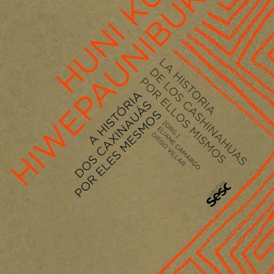 Capa de livro castanha com texto e padrões laranja