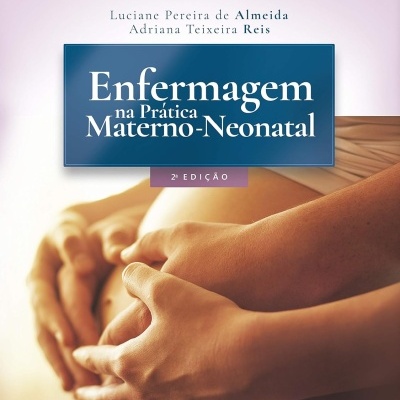 Capa de livro sobre enfermagem materno-neonatal com fotografia de mãos em barrigas de grávidas.