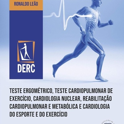 Capa de livro com corpo humano em movimento e textos sobre cardiologia e testes cardiopulmonares
