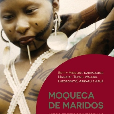 Capa de livro MOQUECA DE MARIDOS com mulher indígena tatuada e texto em vermelho e verde