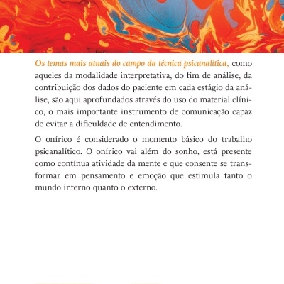 Contracapa de livro com design abstrato vermelho, laranja e azul e texto em português sobre psicanálise