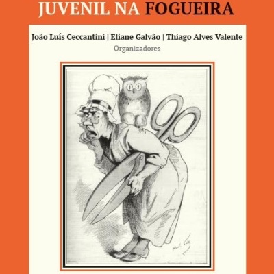 Capa de livro laranja com título, organizadores e ilustração de senhora com coruja e tesoura gigante