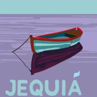 Capa de livro com barco azul e vermelho flutuando na água e texto JEQUIÁ