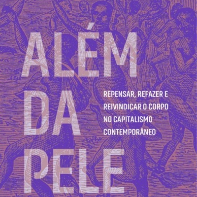 Capa do livro Além da Pele de Silvia Federici com fundo púrpura e ilustração de figuras humanas.